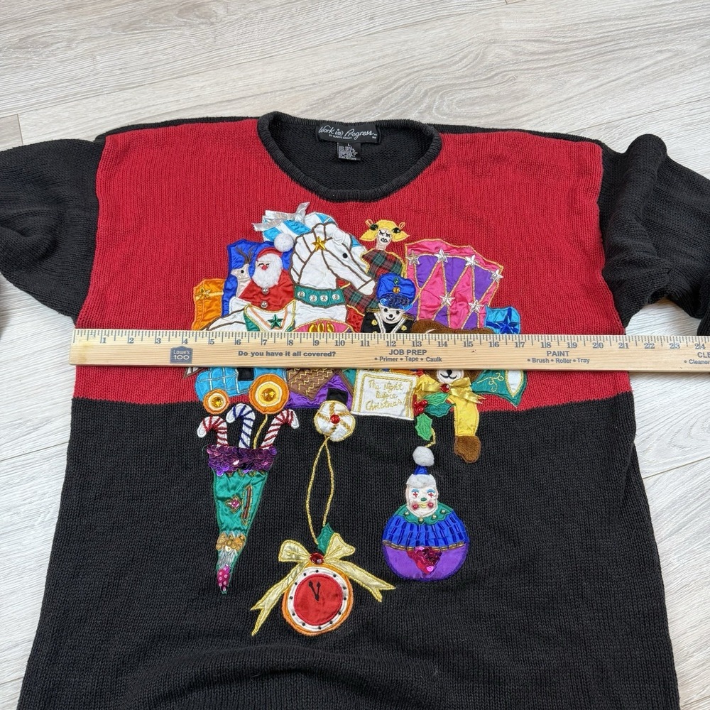 Work in Progress Gladys Bagley Ugly Christmas Sweater Red Black Holiday Scene L - Picture 6 of 7